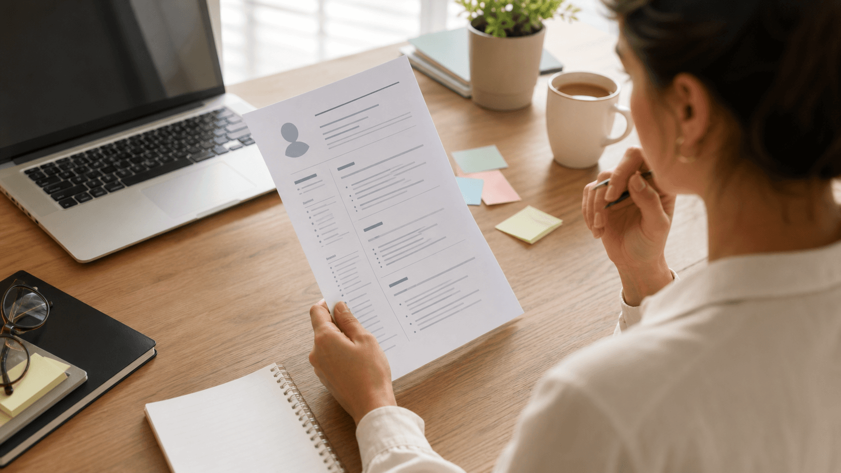 A job seeker reviewing a resume draft at a desk